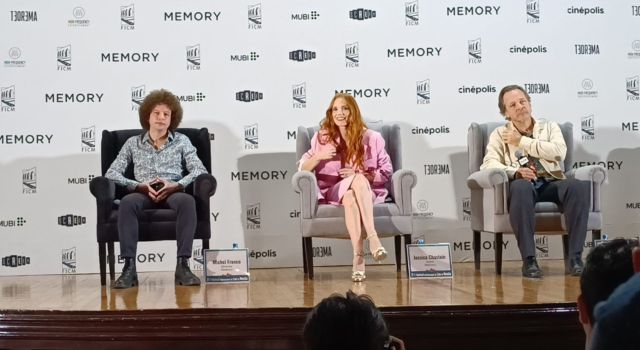 Michel Franco, Jassica Chastain y Peter Sarsgaard en conferencia de prensa, FICM2023